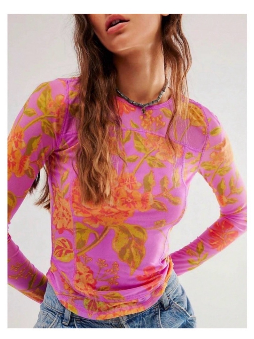 Pink Floral Sheer Mesh Fitted Long Sleeve Shirt